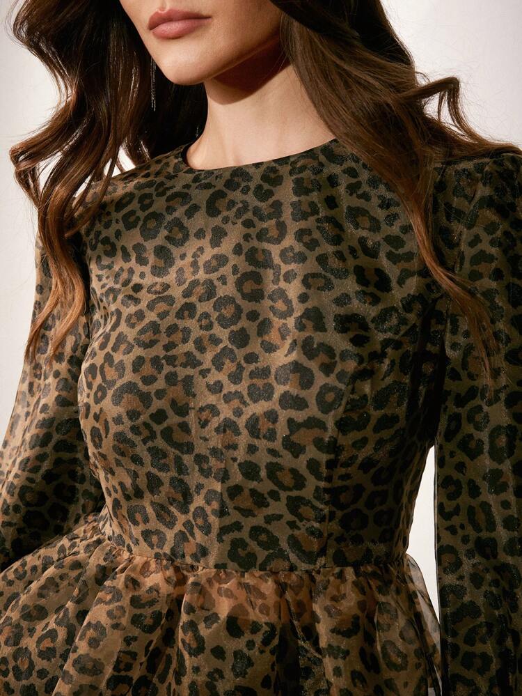 Damen Rundhals Bluse mit geraffter Taille, sexy Leopardenprint Chiffon