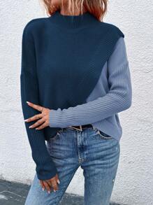 Calvaya Two Tone Mock Neck Drop Shoulder Wrap Cross Asymmetrical Hem Sweater Knit Pullover Fall Winter Outfit