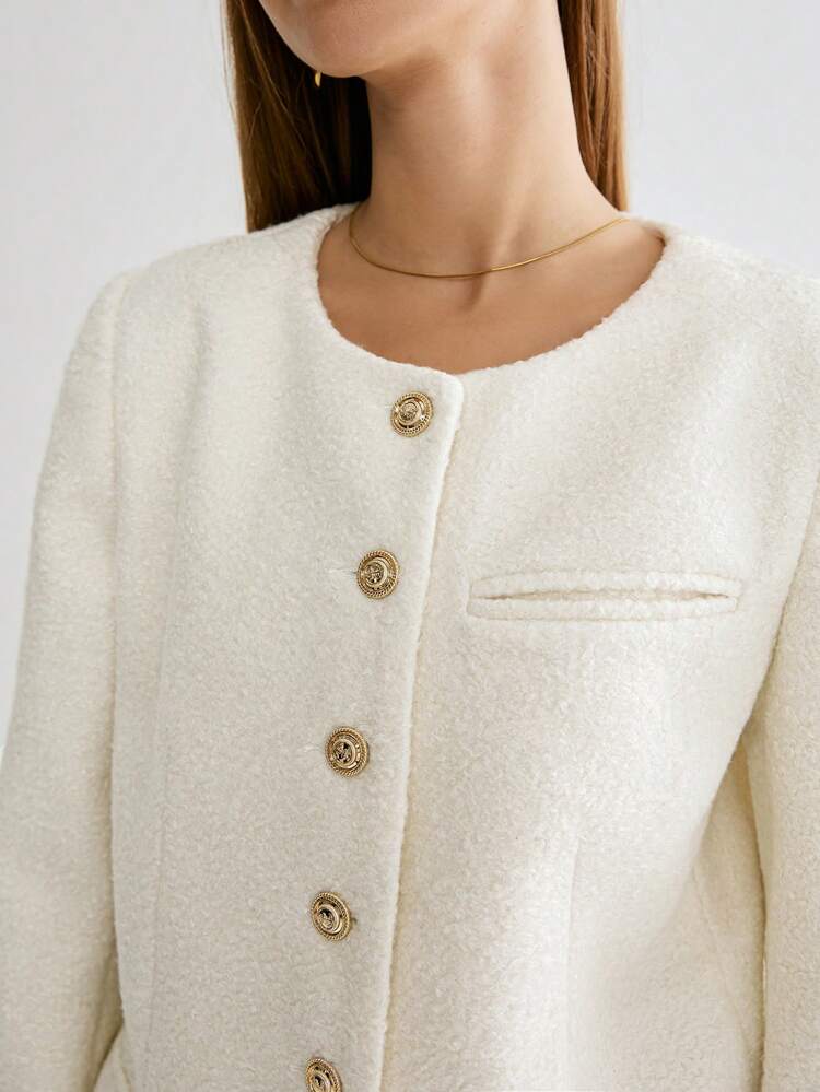 Women Solid Color Round Neck Long Sleeve Single-Breasted Casual Overcoat, Autumn/Winter,New Years Overcoat ,Christmas Women Clothes,Elegant Women Overcoat,Warm Clothes