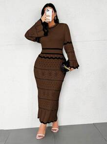 Flirla Plus Size Crew Neck Long Sleeve Solid Color Patchwork Simple Casual Sweater Dress, For Winter - Multicolor - View 4