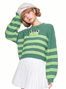 ROMWE Kawaii 女士可爱青蛙条纹圆领落肩长袖毛衣 - 綠色 - 查看 3