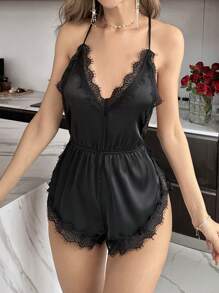 Contrast Eyelash Lace Backless Satin Sleep Romper - Black - View 3