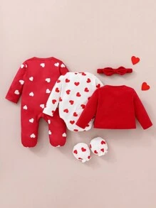 SHEIN 5件套新生女宝宝秋冬套装：可爱针织红色爱心波点连体衣、连体衣、连衣裙、发带、手套 - 紅色 - 查看 2