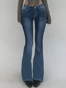 DAZY Jeans longs en denim évasé taille basse et coupe slim pour femmes