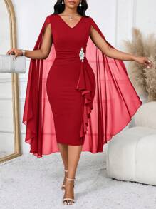 SHEIN Lady 女士优雅斗篷结构蓝色透视正式晚礼服秋季女装四季蓝色连衣裙和皇家蓝色女士连衣裙性感连衣裙