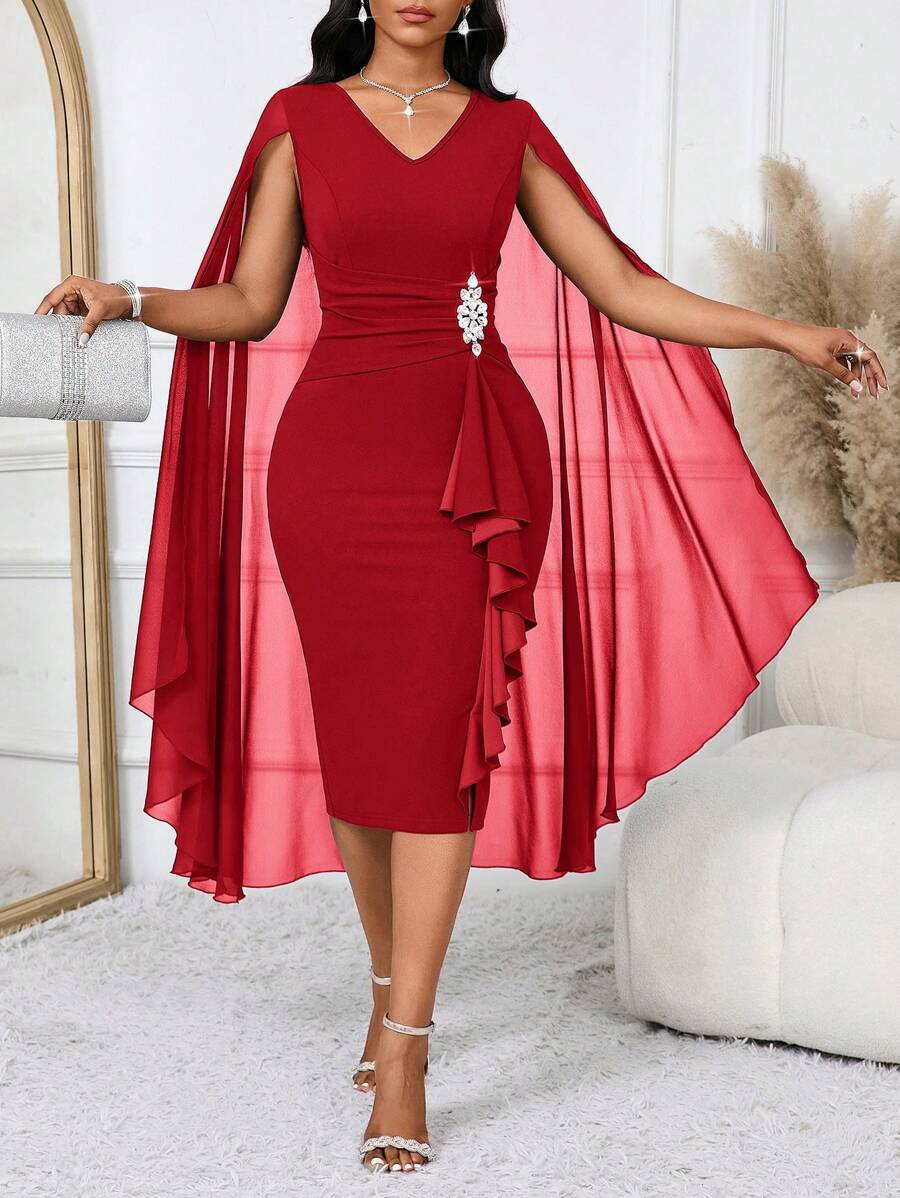 SHEIN Lady 女士优雅斗篷结构蓝色透视正式晚礼服秋季女装四季蓝色连衣裙和皇家蓝色女士连衣裙性感连衣裙