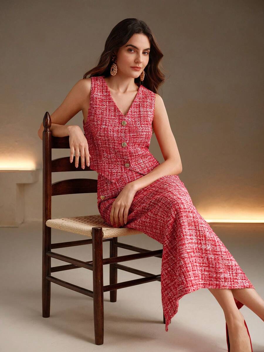 Anewsta 2 件套优雅女士格子单排扣背心和长款中裙新年服装 - 紅色 - 查看 1