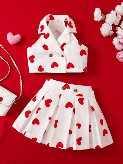 SHEIN Elladie kids 2pcs Young Girl Sleeveless Heart Print Simple Button Front Top And Mini Skirt Set