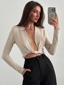 Aloruh Élégant Top pull abricot avec décolleté plongeant sexy et décoration torsadée, t-shirt manches longues polyvalent