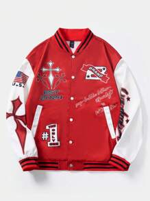 ROMWE MEN Street Life Men's Contrast Trim Front Button Cross & Letter Pattern Long Sleeve Pocket Casual Baseball Jacket - Multicolor - View 1