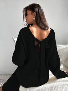 EURMUSE Satin Ribbon Detail On Back Dress Elegant Cute Simple Casual Street - Black - View 5
