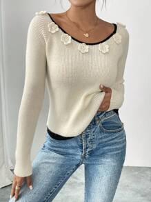 SHEIN Unity Suéter de mujer con cuello de barco, manga raglán y decoración de flor 3D, jersey de punto de otoño/invierno - Albaricoque - Ver 3