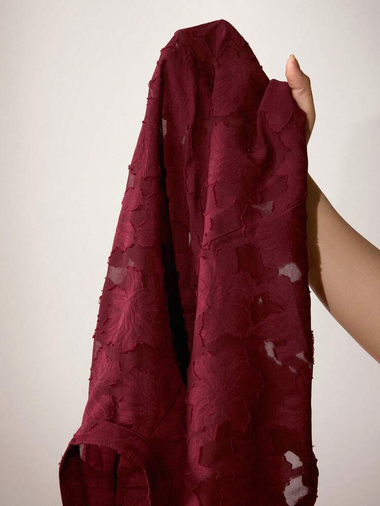 Women's Burgundy V-Neck Stand Collar Long Sleeve Casual Cutwork & Jacquard Sheer Elegant Blouse, Suitable For Autumn, Winter, Christmas, New Year, Thanksgiving Party