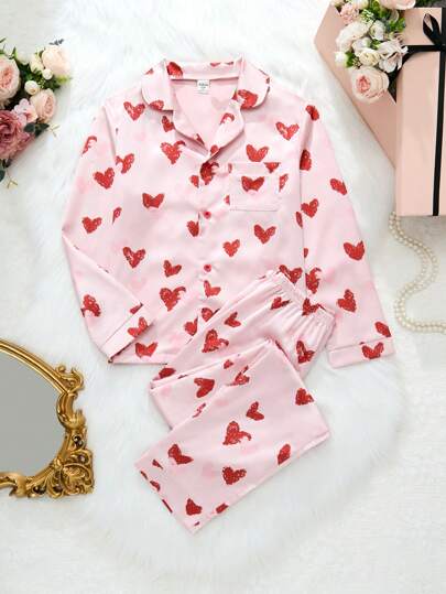 SHEIN Tween 女童粉色可爱心形缎面面料长裤和长袖休闲宽松 2 件套睡衣套装