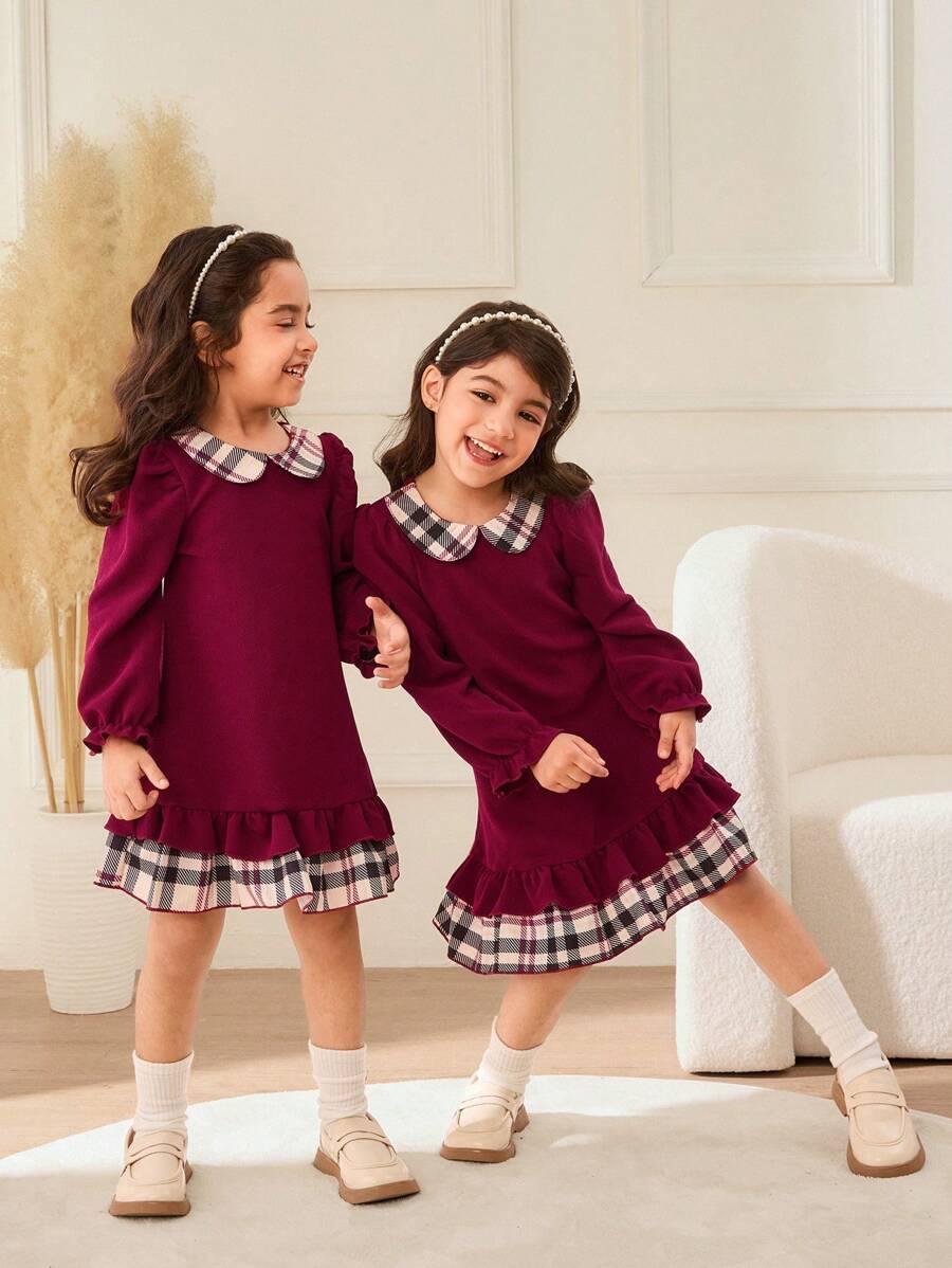 Young Girl Casual Plaid Patchwork Ruffle Hem Dress, Autumn/Winter - Burgundy - View 1