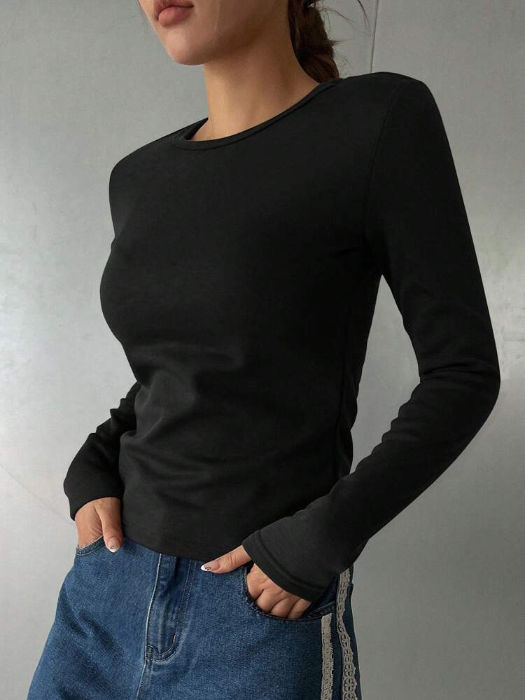Women's Casual Solid Color Fleece T-Shirt, Autumn/Winter,Thermal Lined Long Sleeve Top