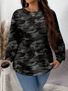 SHEIN LUNE Casual minimalistische allover camouflage print losse pasvorm pullover sweatshirt, grote maat