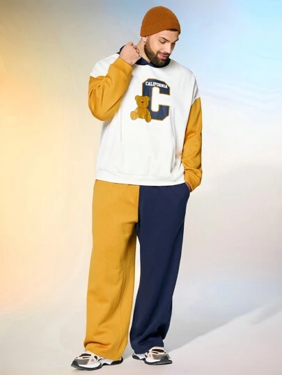 Manfinity VCAY Conjunto de sudadera con capucha y pantalones de talla grande para hombre, de punto suelto de manga larga, con estampado de oso y letras, para otoño e invierno