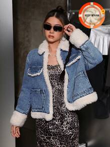 SHEIN Y2K 风格少女蓝色牛仔布和米色保暖衬里翻领长袖夹克，厚垫中长款牛仔外套，适合学生秋冬季，蓬松复古外套 - 淺色水洗藍 - 查看 1