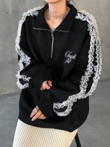 FRIFUL 女士宽松半襟蕾丝拼接字母印花卫衣