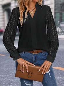 SHEIN Clasi Women V-Neck Long Sleeve Shirt, Solid Color, Casual And Fashionable For Daily Wear