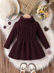 SHEIN Baby Girl Solid Color Mock Neck Long Sleeve Casual Sweater Dress, Baby Girl Sweater Dress, Toddler Sweater Dress, Burgundy Baby Girl Sweater Dress, Baby Girl Knit Dress, Fall Baby Girl Dress
