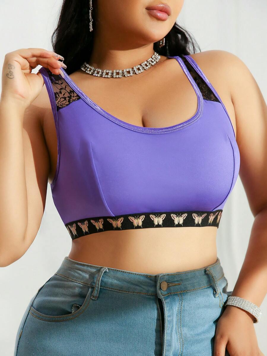 Lace Patchwork Seamless Comfortable Minimalist Plus Size Bras & Wire-Free Bras - Purple - View 1
