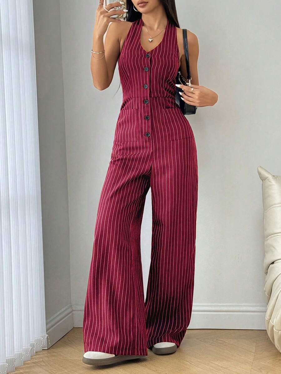 Flirla 女士前扣无袖休闲条纹连体裤，新年日常穿着 - 紅色 - 查看 1