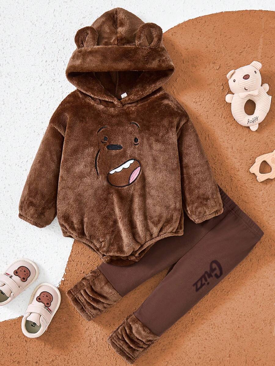 We Bare Bears X SHEIN 女婴棕熊刺绣 3D 耳朵连帽紧身衣和字母印花休闲裤套装 - 棕色 - 查看 1