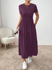 SHEIN Essnce Women's Casual Versatile Solid Color Drawstring Waist Short Sleeve Dress - Violet Purple - View 5