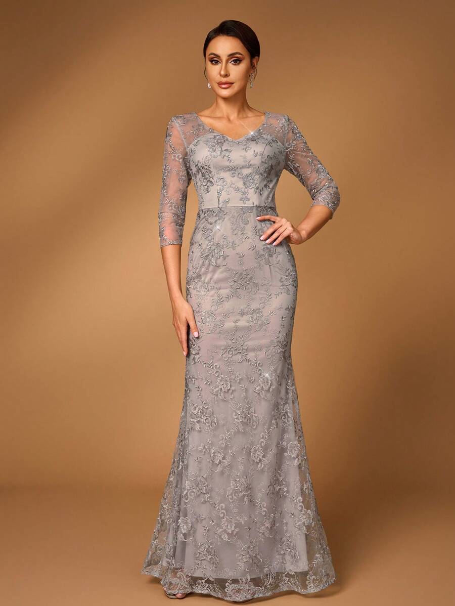 SHEIN Belle 优雅奢华刺绣蕾丝透视长袖 V 领美人鱼连衣裙适合婚礼、单身派对、度假、正式场合、新娘母亲礼服晚礼服 - 淺灰色 - 查看 1
