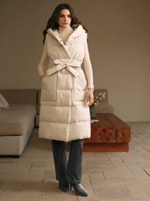 Anewsta Thick Long Sleeveless Waist-Drawn Horizontal Seam Vest Women's Coat
