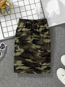 SHEIN Explorewe Mother-Daughter Matching Young Girls Casual All-Match Versatile Daily Sports Camo Fitted S-Shaped Split Mid-Length Skirt