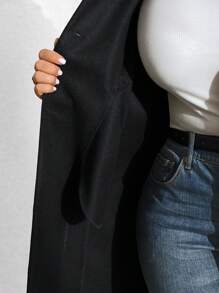 SHEIN LUNE 大码女式纯黑色立领长袖纽扣大衣，秋冬款