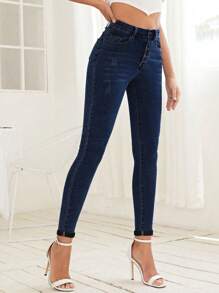 SHEIN Essnce Casual Thickened Slim-Fit Denim Jeans, Autumn/Winter - Blue - View 6