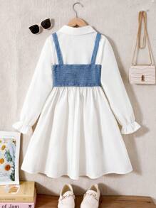 SHEIN 青少年女孩梭织翻领开襟荷叶边袖长袖修身衬衫裙和梭织串珠吊带背心两件套，适合春季外出、返校