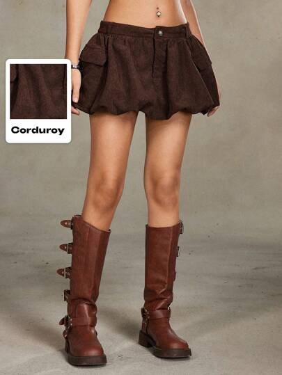 Grunge Punk Minifalda plisada en línea A de pana con decoración de botones de unicolor