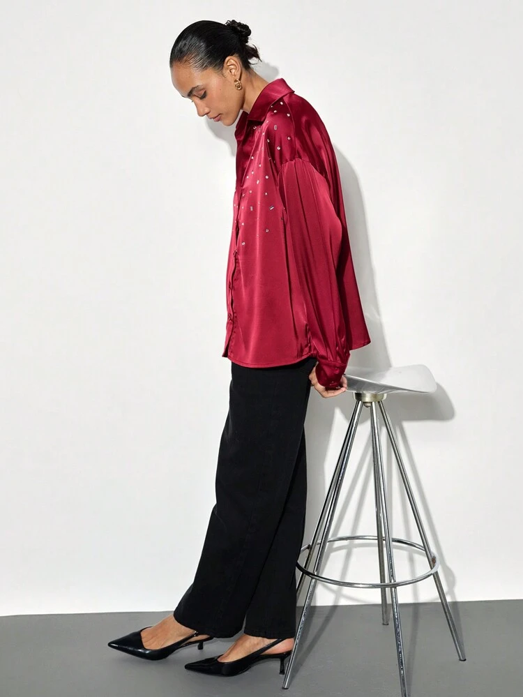 SHEIN Maija Modern City Satin Rhinestone Embellished Red Shirt, Loose & Comfortable, Elegant Look For Women, Suitable For Spring/Summer Parties And Valentine's Day,Festival