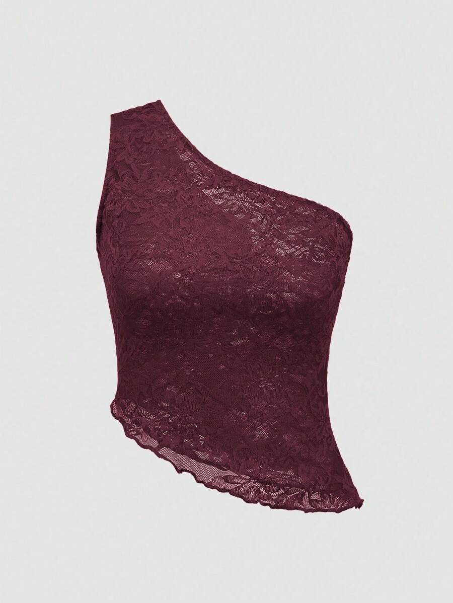 TRNVIE Random Cut Lace One-Shoulder Women Blouse - Maroon - View 1