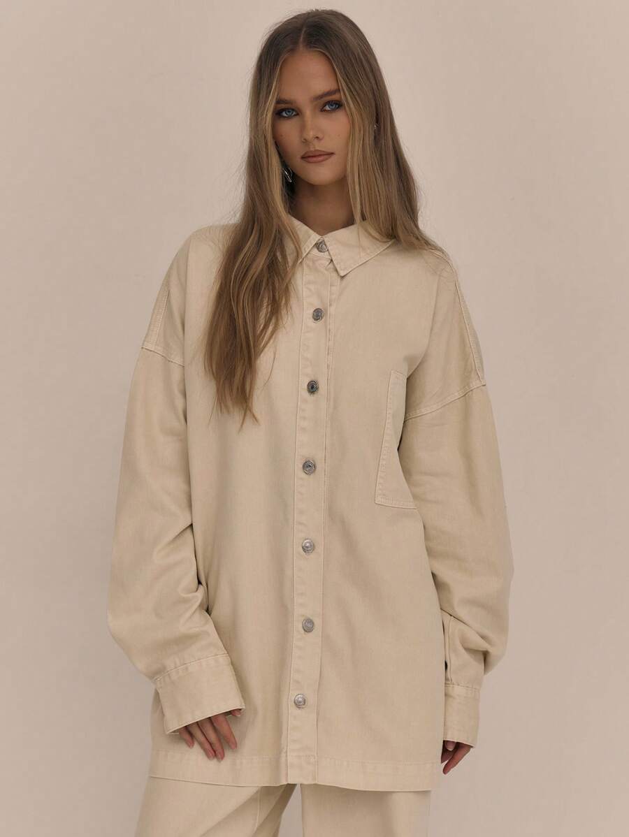 MUSERA Denim Button Up Shirt, Spring 90's Cute Summer - Beige - View 1