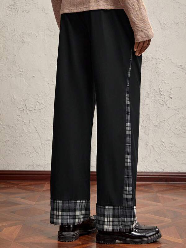 AKNOTIC Business Casual Men's Black Woven Plaid Patchwork Design Mid-Waist Straight Leg Casual Pants, Suitable For Autumn And Daily Wear