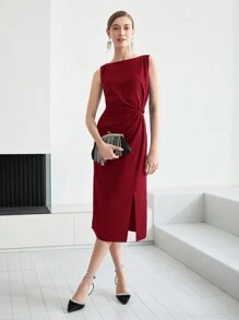MOTF PREMIUM 扭褶侧开衩连衣裙 - 紅色 - 查看 3