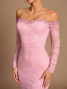 SHEIN Belle Vestido elegante de manga larga transparente con hombros descubiertos y volantes en el bajo, adecuado para bodas, fiestas, vacaciones, bailes de graduación, vestidos de dama de honor (adulto) - Rosa vieja - Ver 4