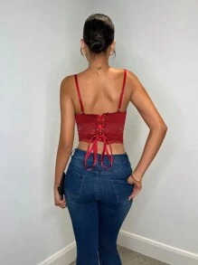 SHEIN BAE Women's Elegant And Sexy Burgundy Lace Patchwork Mini Top, Suitable For Parties Top Corset Holiday Tops,Going Out Tops,New Years Eve ,Christmas Party Women Top - Burgundy - View 2