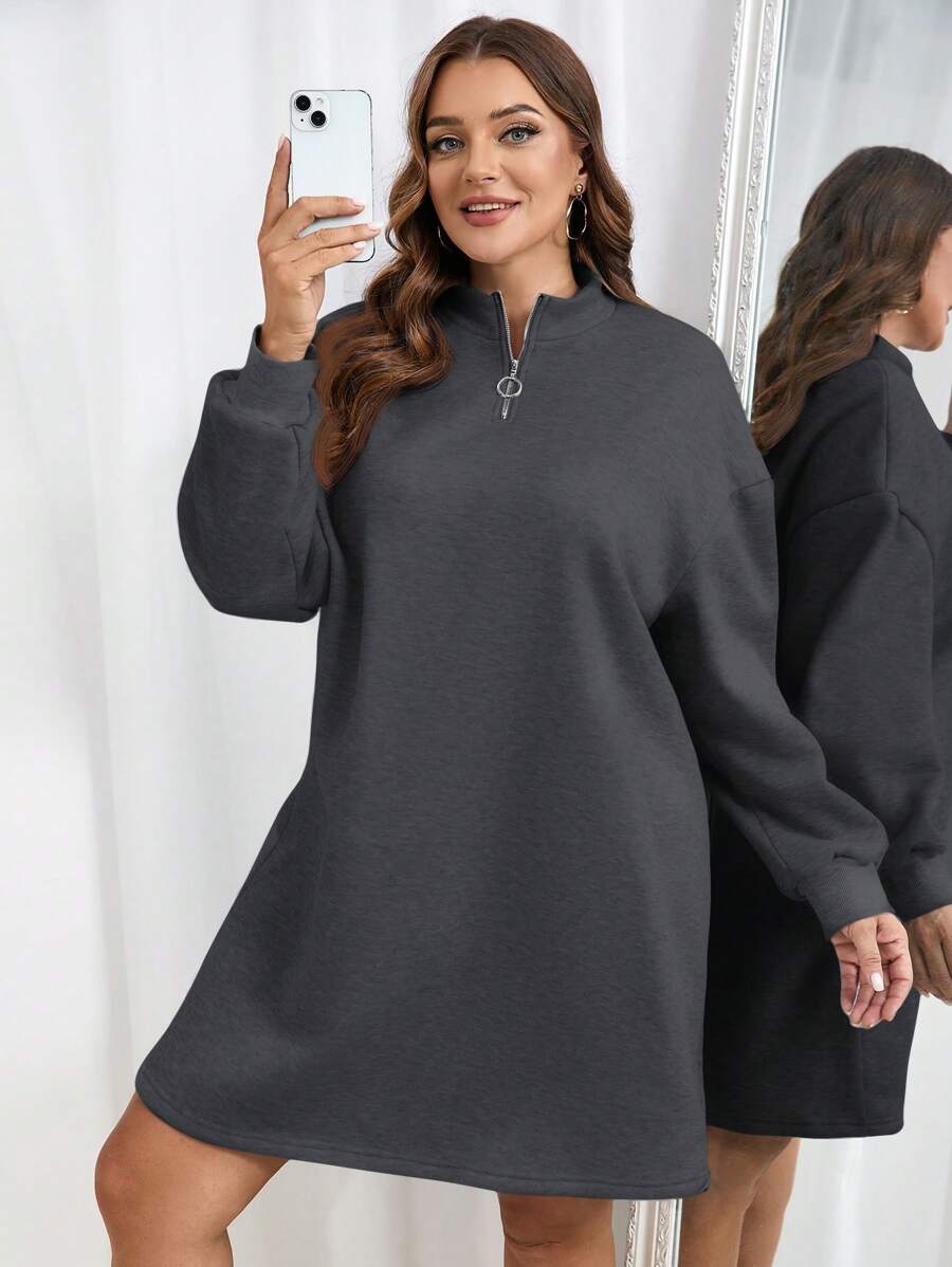 SHEIN Essnce Vestido de sudadera casual gris suelto con apertura frontal a media altura para mujer de tallas grandes - Gris Oscuro - Ver 1