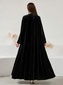 Al Najma Velvet Floral Embroidered Open Front Abaya, Autumn/Winter, Modest Robe - Black - View 2