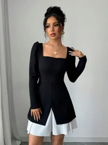 Selianne Contrast Color Square Collar Long Sleeve Ruched Waist A-Line Elegant Romantic Women Dress Fall Cloth For Women - Black - View 5