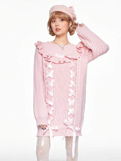 Kawaii Cute Bow Accent Sweater Dress For Women