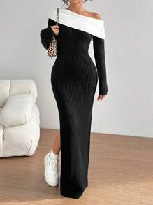 Flirla Women's Fashionable Bodycon Sexy Contrast Color Asymmetrical Neck High Slit Sweater Dress Fall Cloth For Women - Multicolor - View 7