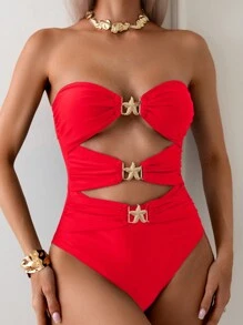 SHEIN X Sofía Suescun Swim Chiccia 2025 女士纯色镂空金属装饰连体泳衣夏季 - 紅色 - 查看 4